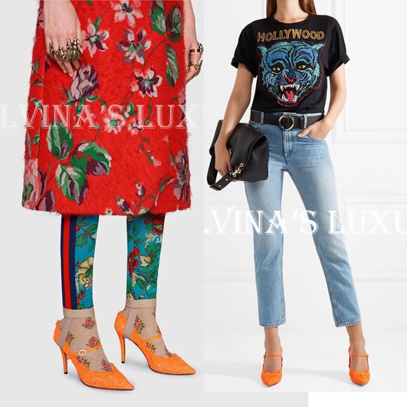 GUCCI SHOES VIRGINIA CORDED LACE MARY JANE POINTY PUMPS CRYSTAL sz 37 6.5 US - Picture 2 of 14